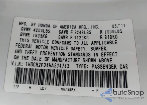 2017 Honda Accord Lx from USA, damaged, VIN 1HGCR2F34HA234763